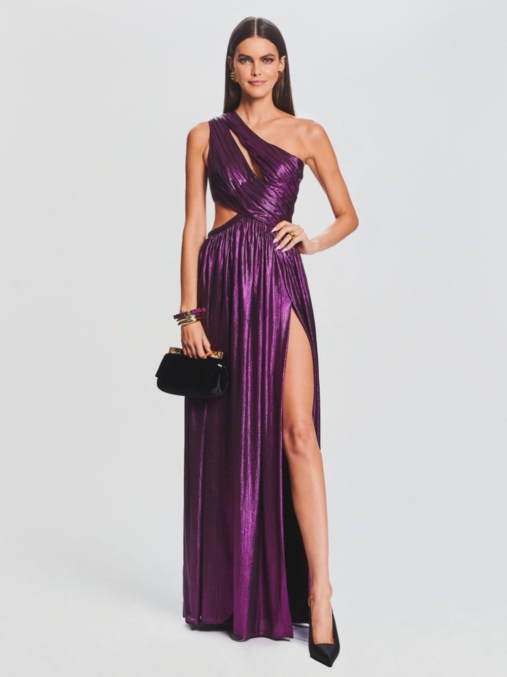 Retrofete Jolene One Shoulder Cut Out Metallic Maxi Dress Purple Size XS NWT